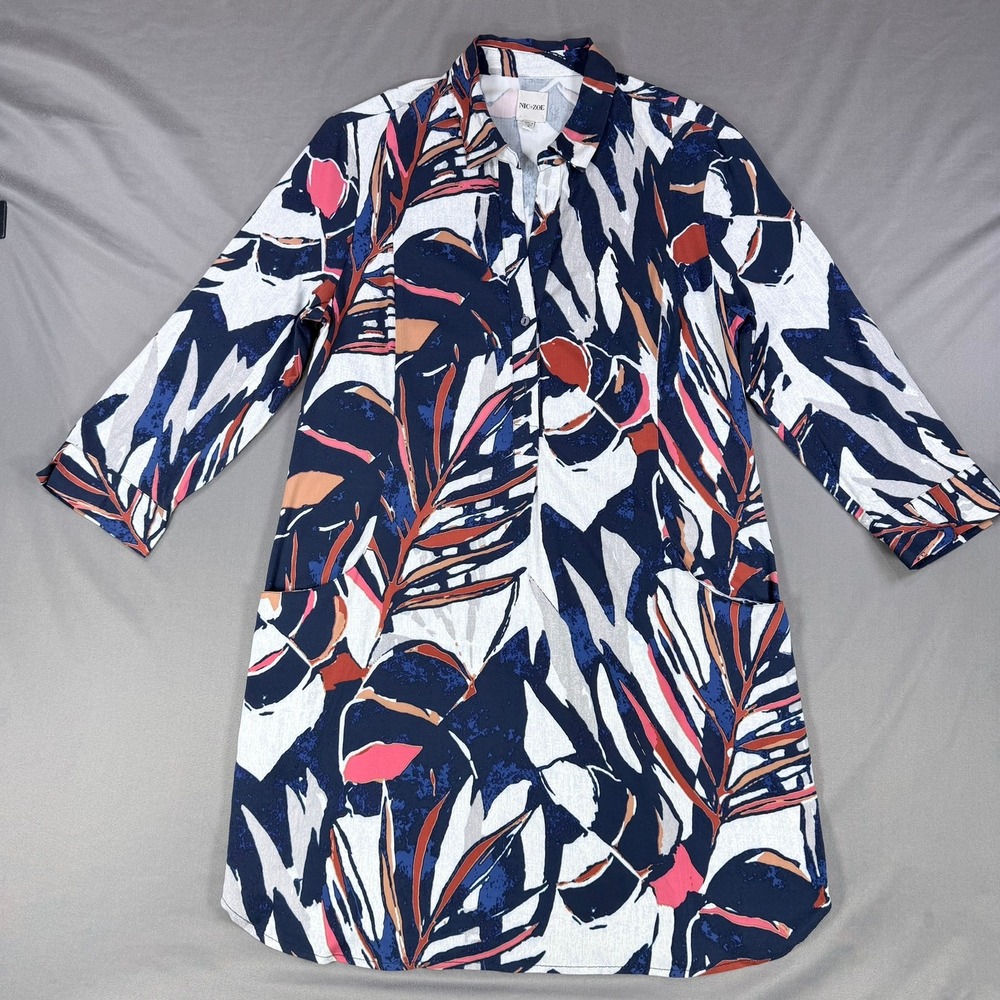 NIC+ZOE Tropical Leaf Print Tunic Dress Womens Small Navy Pink Stretch Casual